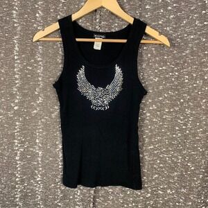 Vintage Y2K Mapsi Embellished Bird Black Ribbed Tank Top‎ Biker Women's XL